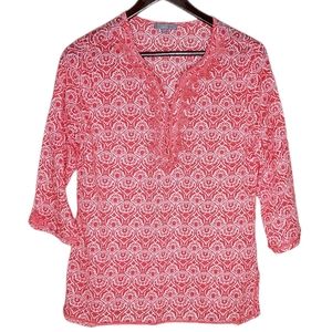 Saint Tropez West Medium Tunic Top Coral White Damask Print Embroidered Beachy